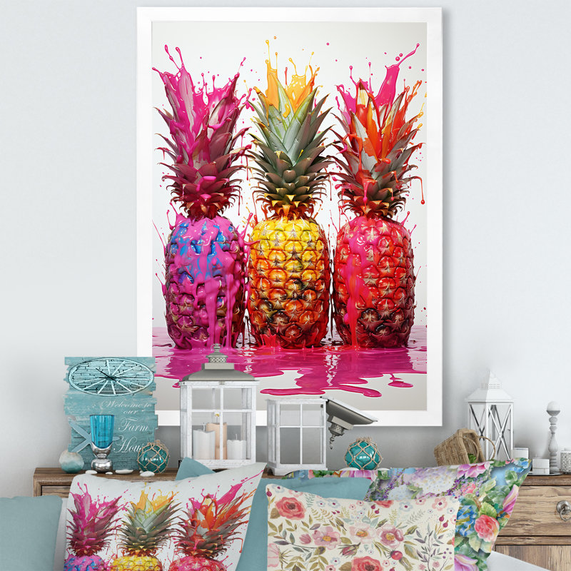 Ananas colorés torsadés - ananas, art mural, H 20 po x l 12 po x P 1 po, Cadre photo blanc