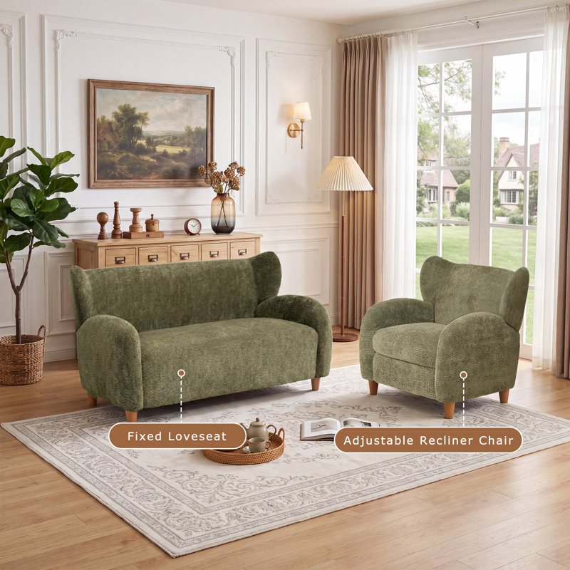 Ensemble de conversation 2 pièces à oreilles en chenille avec fauteuil inclinable, Green