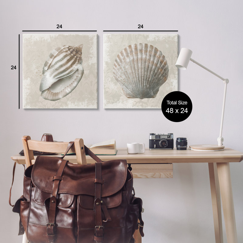 Ensemble d'art mural sur toile 2 pièces, "Seashells over Subtle Damask", par Conrad Knutsen, H 24 po x l 24 po