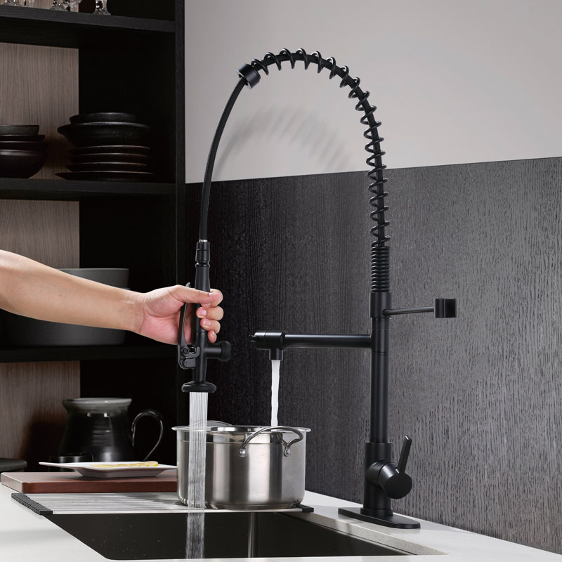 Robinet de cuisine en laiton avec douchette rétractable à 2 poignées avec boucle verrouillable et distributeur de savon