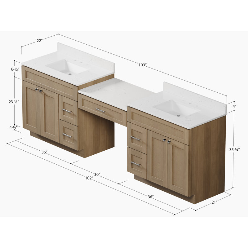 103'' Double Bathroom Vanity with Quartz Top, Natural Oak