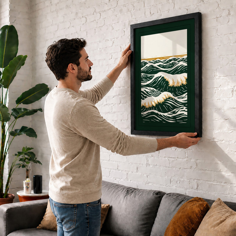 Rolling Waves Coastal - Framed Print, A2 - 59.4 x 42.0 cm, Oak