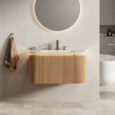 30/36/48" Floating Bathroom Vanity with Integrated Travertine Sintered Stone Basin, Sensor LED Light, Natural Solid Wood Surface, 3D Striped Cabinet, Curved Design, Soft-Close Drawer