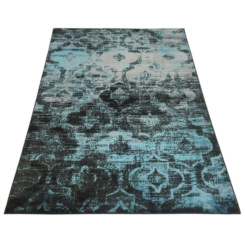 Distressed Moroccan Trellis Ocean Blue Area Rugs 5' x 7'