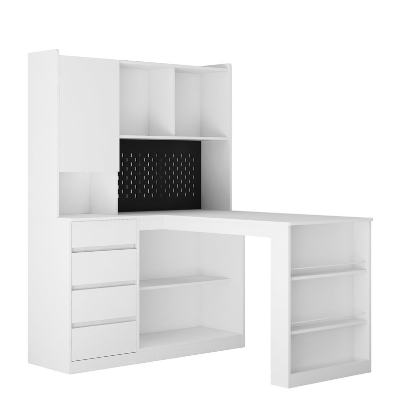 Bureau d'ordinateur en L avec plateau à câbles - Rangement moderne et grand espace de travail à DEL, Blanc