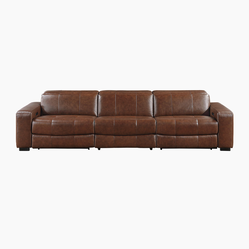 Gainey 126" Modern & Contemporary Top Grain Leather Power Double Reclining Sofa with Integrated USB-A & C Charging Ports and Comfortable Foam