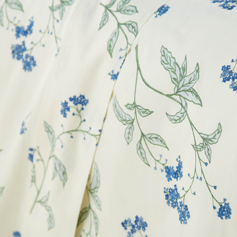 Myosotis Scorpioides 300 Thread Count Floral 100% Cotton Sateen Sheet Set, King Sheet Set with 2 Pillowcases, Off-White