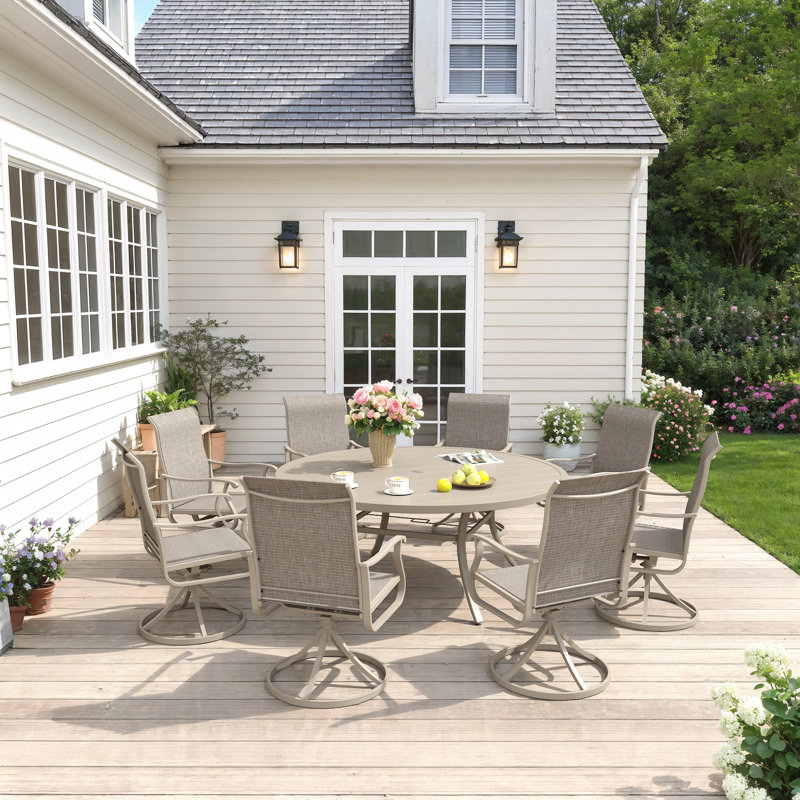 Bachus 8-Person Patio Dining Set with 60" Round Dining Table and 8 Swivel PVC-coated polyester Dining Chairs, Beige