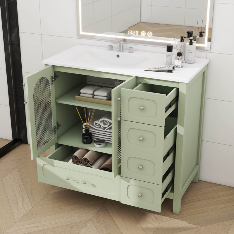 Meuble-lavabo 36 po, 4 tiroirs, 2 portes en verre à fermeture en douceur pour un rangement spacieux