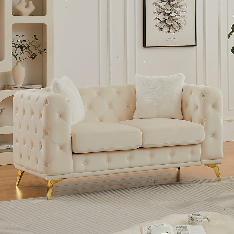 FX 61.25-Inch Modern Luxury Velvet Sofa With Chesterfield Quilted Button Accents, Includes 2 Pillows And Metal Legs, Beige