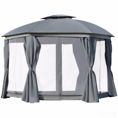 Moustiquaire ronde 12X12FT en acier, moustiquaire pour l'extérieur avec double toit et rideaux (gris)