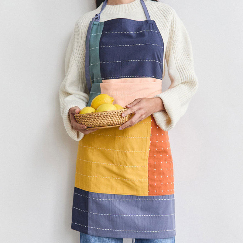 Cotton Bib Apron, Blue/Yellow/Green