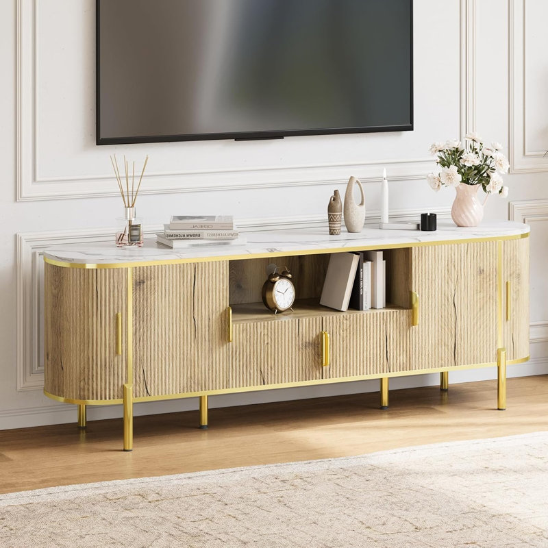 70in Fluted TV Stand Fits TVs Up to 80 Inches, Navy Blue Wood Entertainment Center Media TV Console with Faux Marble Top