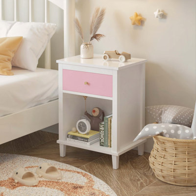Table de chevet en bois avec un tiroir et une tablette pour enfants et adultes, rose