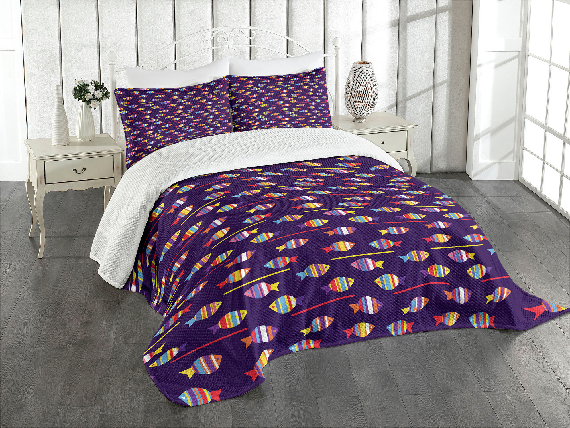 Fish Bedspread Ambesonne Fish Bedspread Set 3 Pcs Rainbow Patterned Animals Queen ...