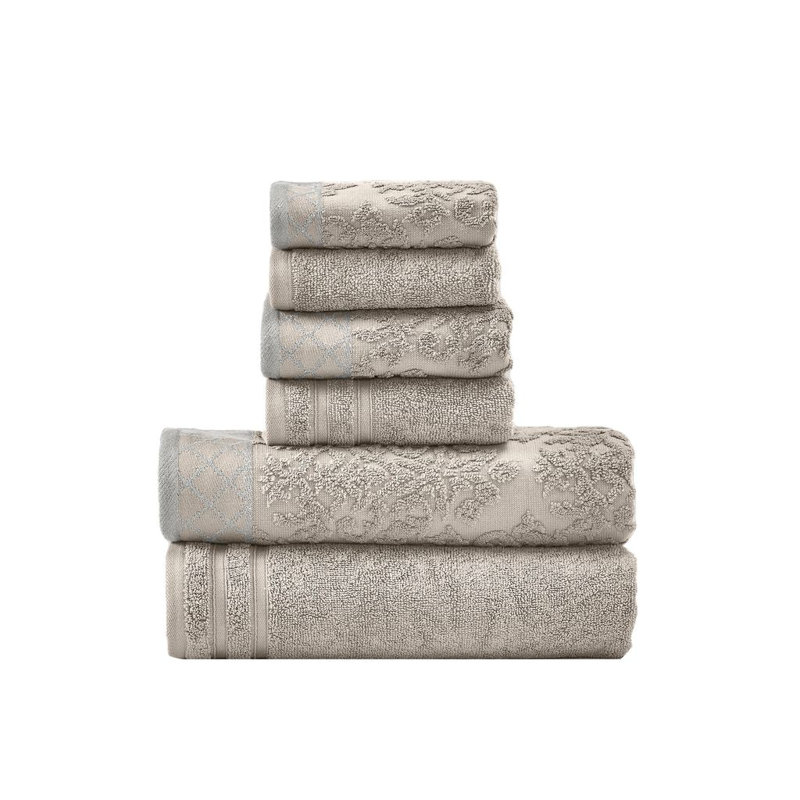 Modern Threads 6-Piece Damask Jacquard/Solid Ultra Soft 550GSM 100% Combed Cotton Towel Set with Embellished Borders, Gray