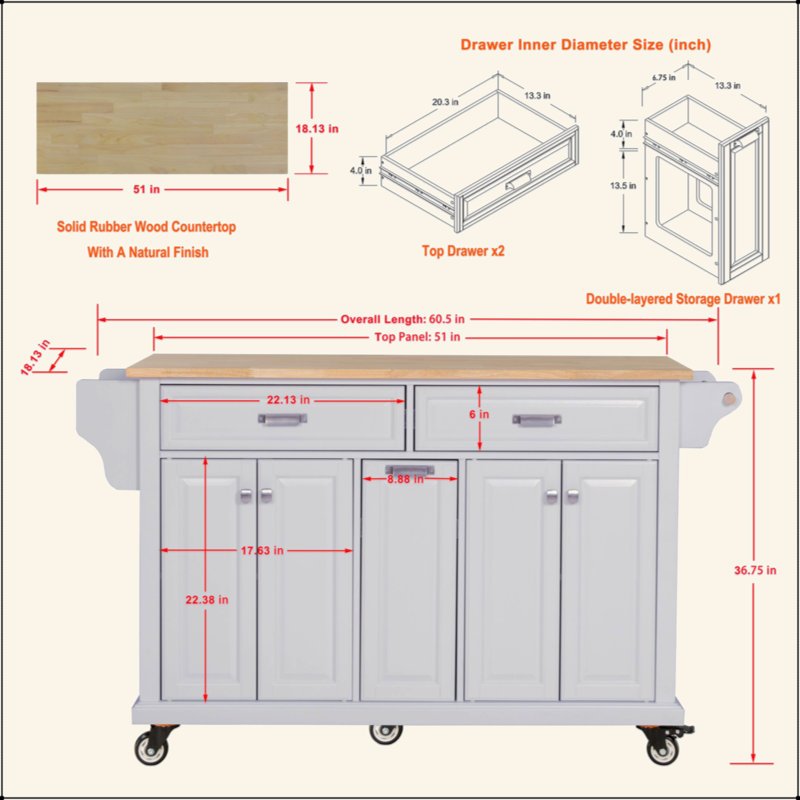 Kitchen Island With Rubber Wood Countertop, Kitchen Cart On 5 Wheels With Storage Cabinet And 2 Top Drawers And A Center Double Layered Storage Drawer For Dinning Room