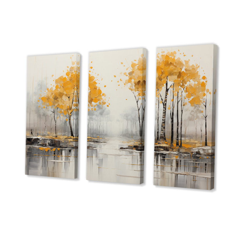 Forêt jaune, collage de bois III sur toile, 3 pièces, H 28 po x l 36 po x P 1 po