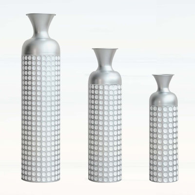 Ensemble de 3 vases en métal argenté, vases embossés semi-artisanaux emboîtés, centres de table décoratifs modernes pour la maison et le sol