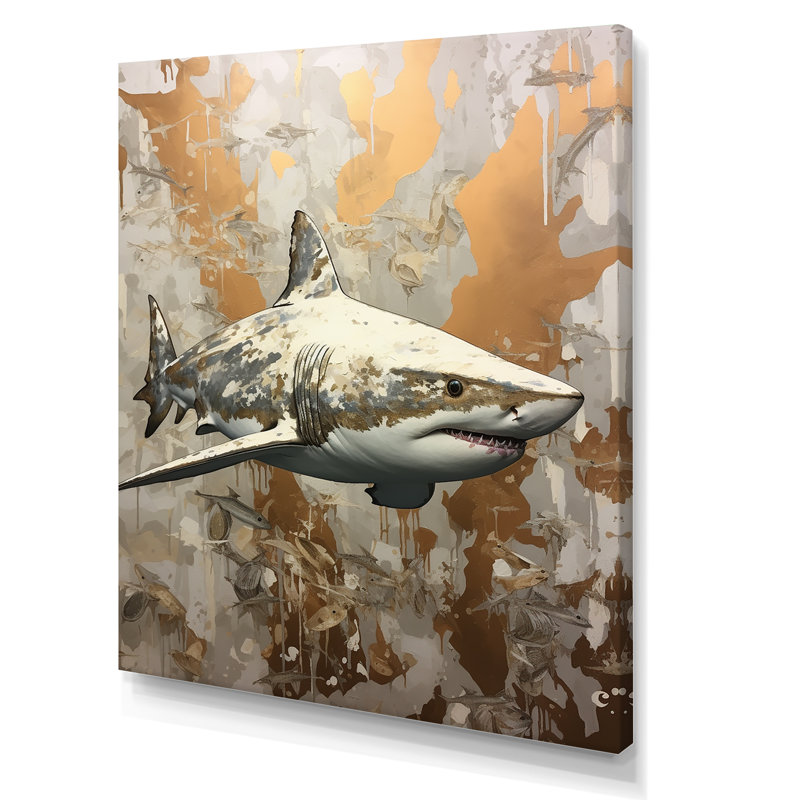 " Minimalism Shark Painting In Golden Beige II ", Wrapped Canvas, 32" H x 16" W x 1" D