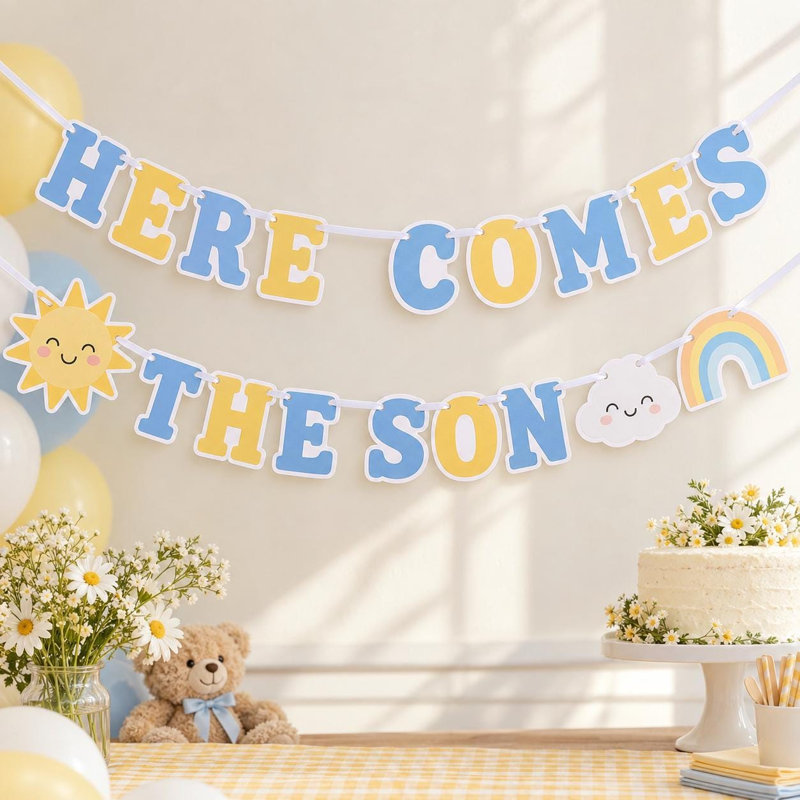Here Comes the Son Baby Shower Banner, Sun Cardstock Garland, Boy Nursery Decor