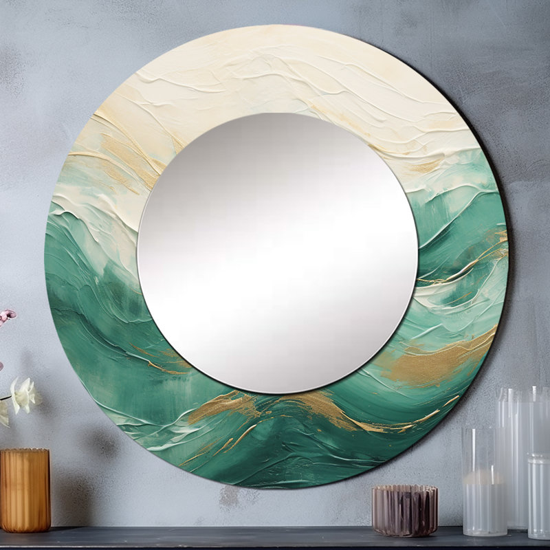 Or et noir Soft Wave Fusion V - miroir mural de formes abstraites, miroir décoratif rond vert, impression d'art en métal