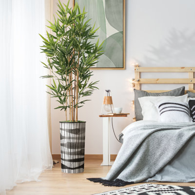 Artificial Tree in Contemporary Blue Stripe Patterned Planter Fake Bamboo Silk Tree