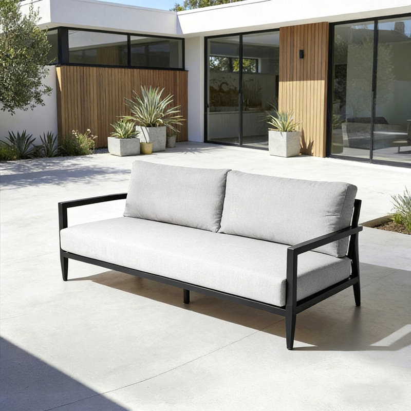 Modern Outdoor Fully Weld Bench Seat Sofa With Premium Aluminum Frame In Ember Black,Sunbrella Cushion,Ergonomic Backrest,Tapered Legs & Center Support, Weather-Resistant For Patio, Garden, Balcony