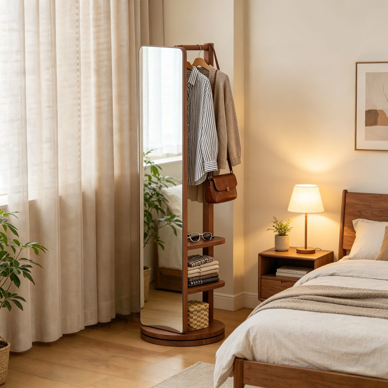 Solid Wood Full-Length Mirror And Coat Rack Combined, Floor-Standing Mirror With Stand, Suitable For Both Bedrooms And Living Rooms, A Practical Piece Of Furniture Combining A Dressing Mirror And Coat Rack.