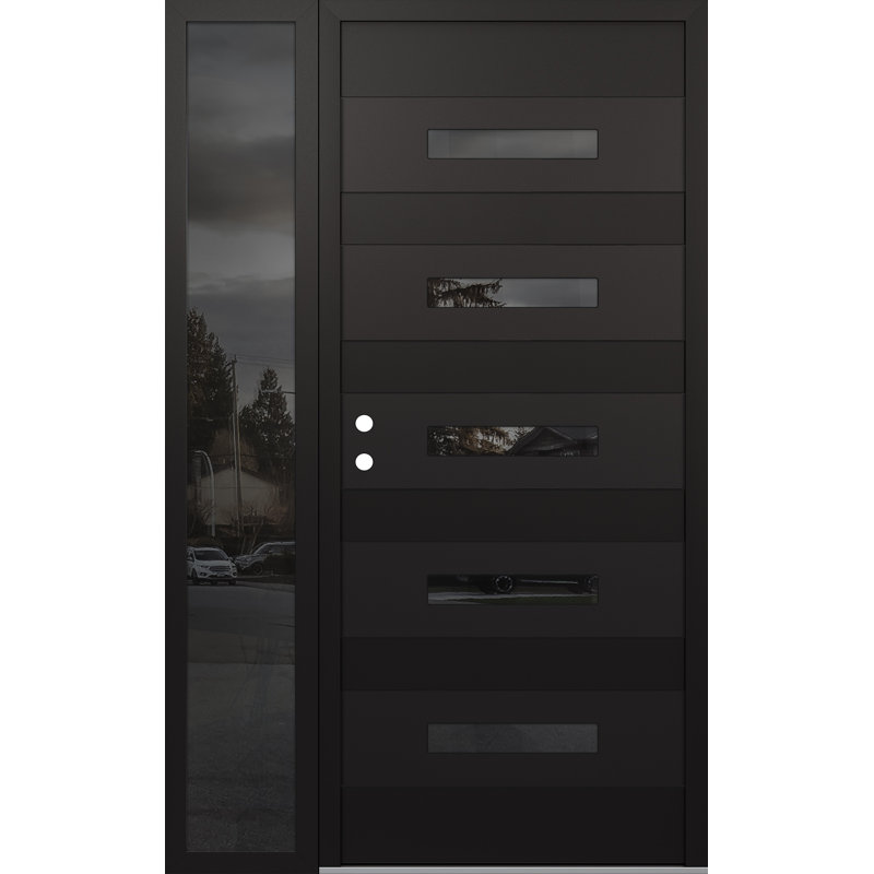 D9 52 po à droite X 80 po Panneau de porte en verre noir et noir à panneau avec porte d'entrée en verre, Noir / noir / miroir