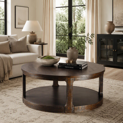 Round Coffee Table with Lower Shelf, Casters, and Rich Espresso Finish