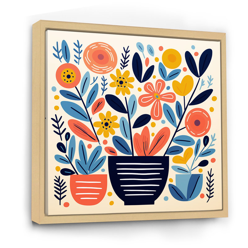 Vase bohémien jaune et bleu, poterie en fleurs I - Boho Pottery, art mural sur toile, Cadre flottant brun, 36" H x 36" W