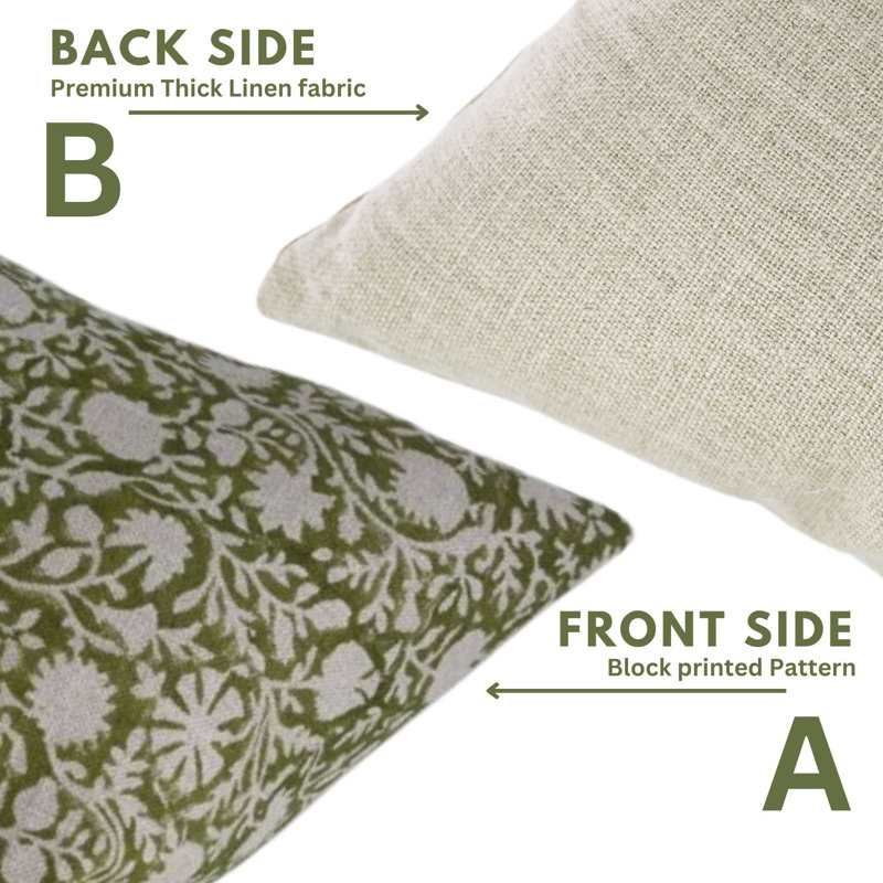 Block Print Throw Pillow Cover, 3 Thick Linen Decorative Cushion Cover, 16" x 16"