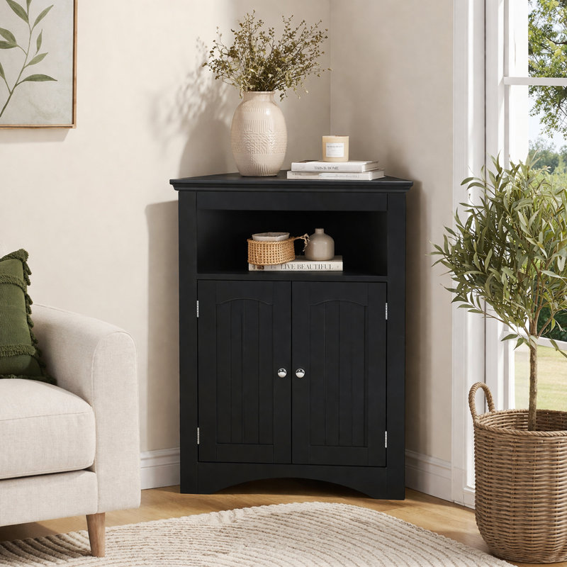 Royet Corner Accent Cabinet with Adjustable Shelves, Black