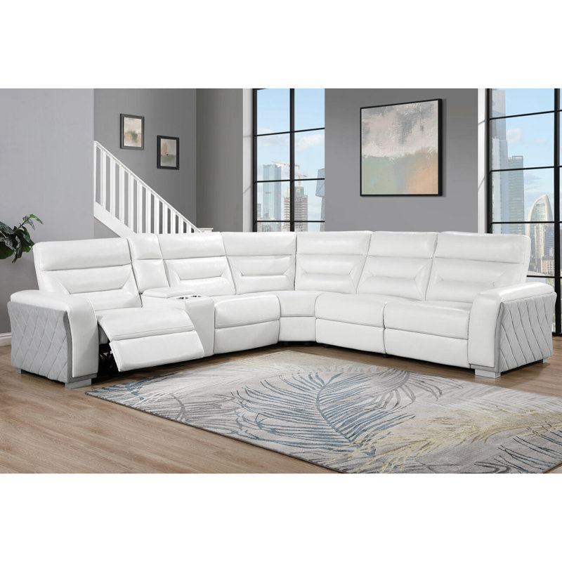 Élégant canapé modulaire avec console intégrée - Canapé élégant à 5 motifs en losanges gris et blanc
