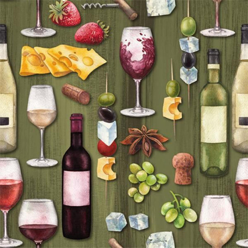 Paquet de 20 serviettes à motif de vin et de fromage format déjeuner