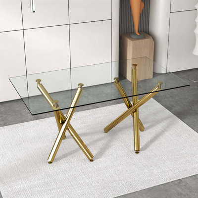 Grande table de salle à manger rectangulaire en verre avec pieds en métal doré (71 po, sièges 6-8)