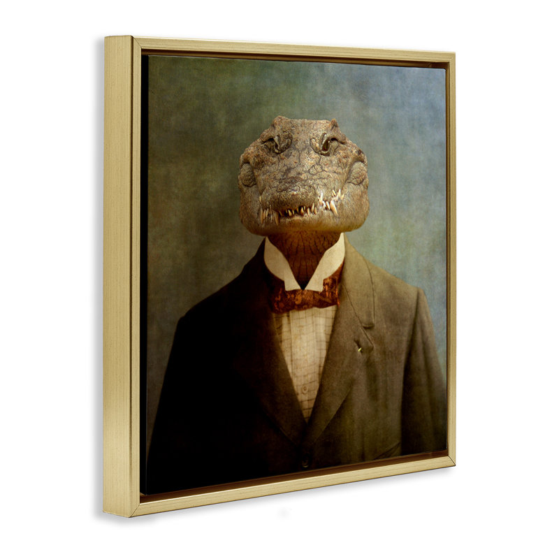 «Alligator in Business suit Grain Floater», art mural sur toile par Martine Roch, Cadre flottant métallique doré