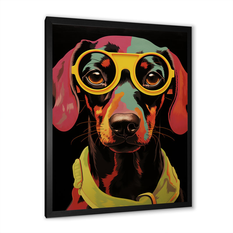 «Curious Popart Daschund Dog I», art mural chien, H 20 po x l 12 po x P 1 po, Cadre simple noir