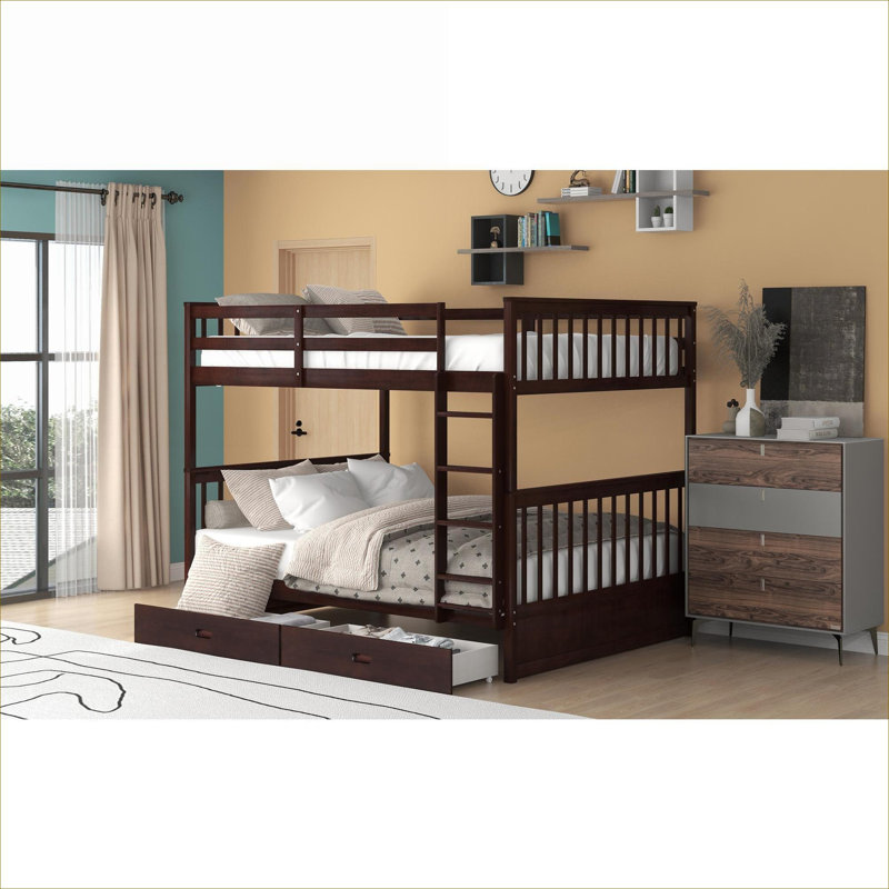 Shared Bedroom Sleepover Platform Bunk Bed Full-Over-Full Configuration With Under-Bed Storage Solid Wood Classic Brown