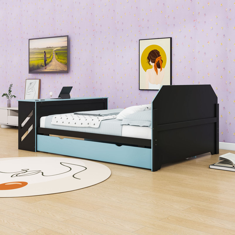 Lit de jour double en bois avec port USB, bureau et lit gigogne, Bleu nuage