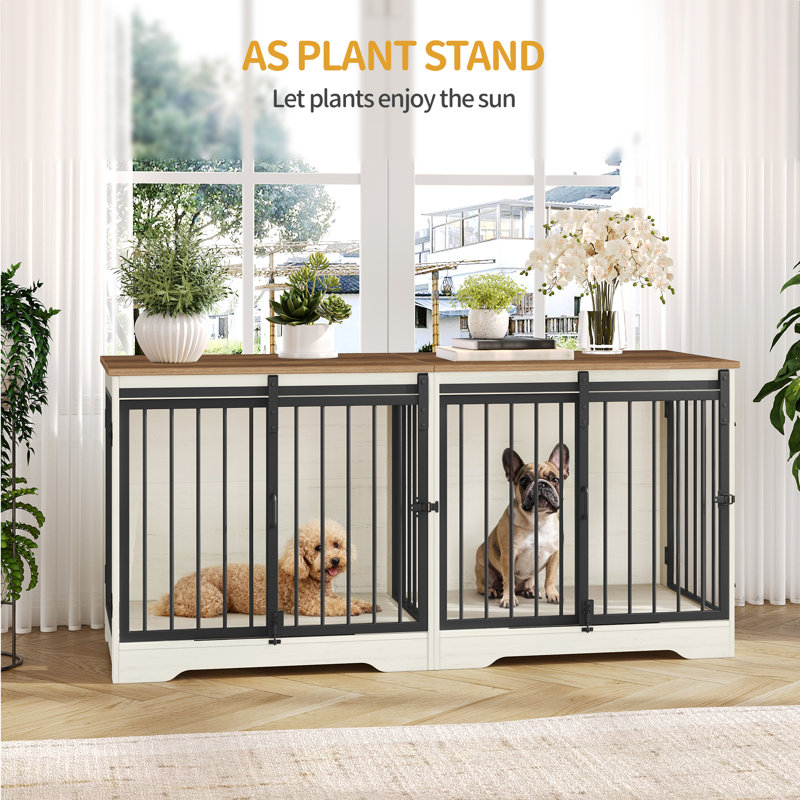 Dog Crate Furniture for 2 Dogs, 136 cm Double Dog Crate with Divider and Barn Door, Wooden Indoor Kennel TV Stand for Medium Small Dogs, 136 x 49 x 64.5 cm, White Brown 