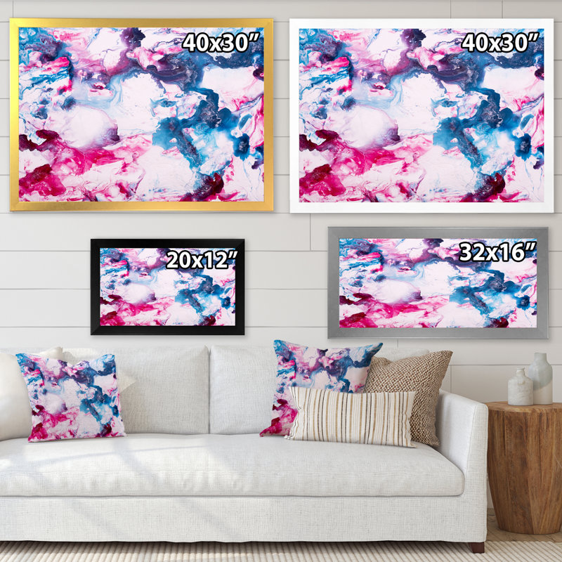 Art liquide et marbre rose et bleu - peinture sur toile, H 31,5 po x l 41,5 po x P 1,5 po, Cadre doré