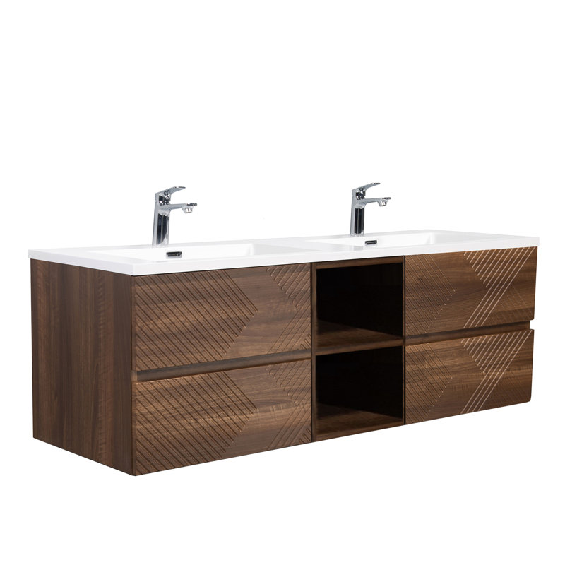Coakley x 19 po P 4 tiroirs Meuble-lavabo mural avec évier double et Comptoir en Quartz noir d'ingénierie, Blanc