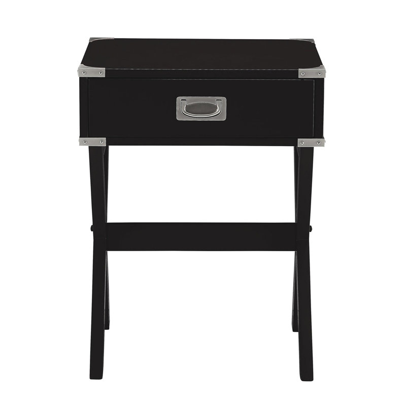 Black Square Kd Side Table With Metal Corners, Wooden Top, "X" Shape Base, Crossbar, 16 In Width, 24 Tall, Drawer Storage Of Shape, Black, Kd, Base & 15" X 9" 3"H Drawer, 18 Depth, Height, 19 Lb,