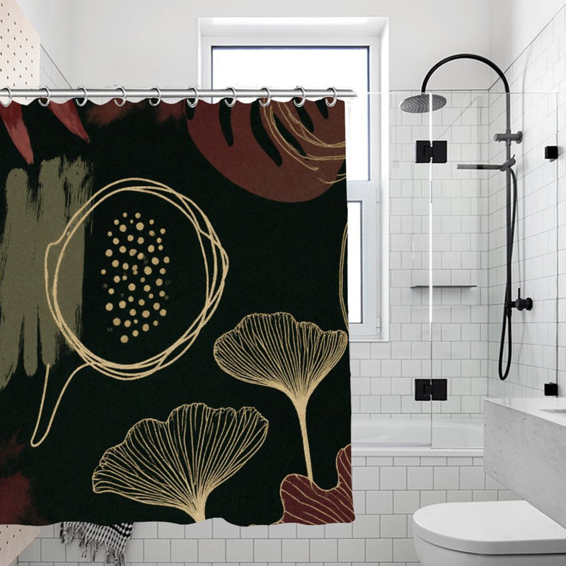 Rideaux de douche Ginkgo rouge foncé avec lignes dorées, 71 x 71, Noir