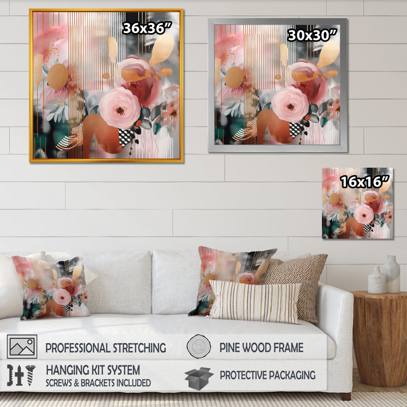 Fantasmes floraux roses et dorés III - Décoration murale florale abstraite, Impression noire sur toile encadrée