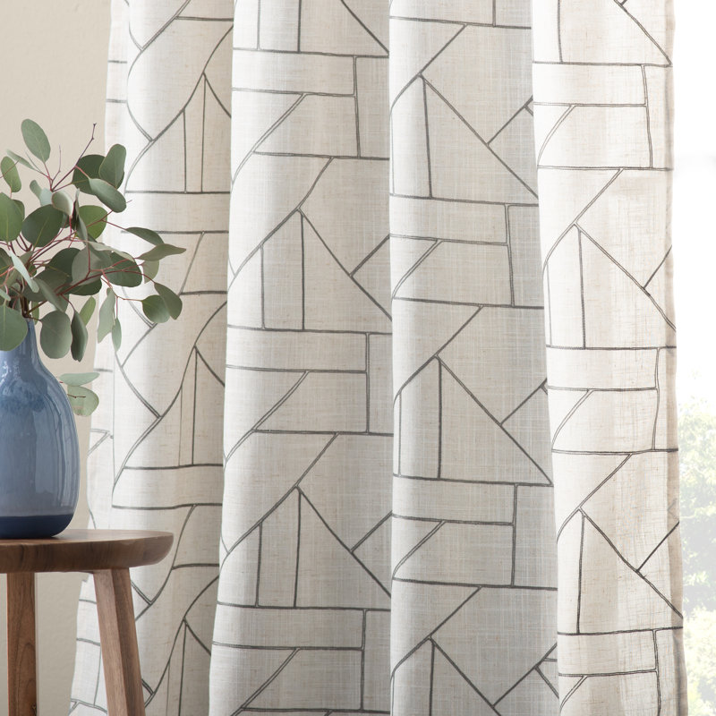Burston Archaeo Capri Jigsaw Embroidery Linen Blend Semi-Sheer Rod Pocket Curtain Panel, 84" L x 50" W, Gold/Linen