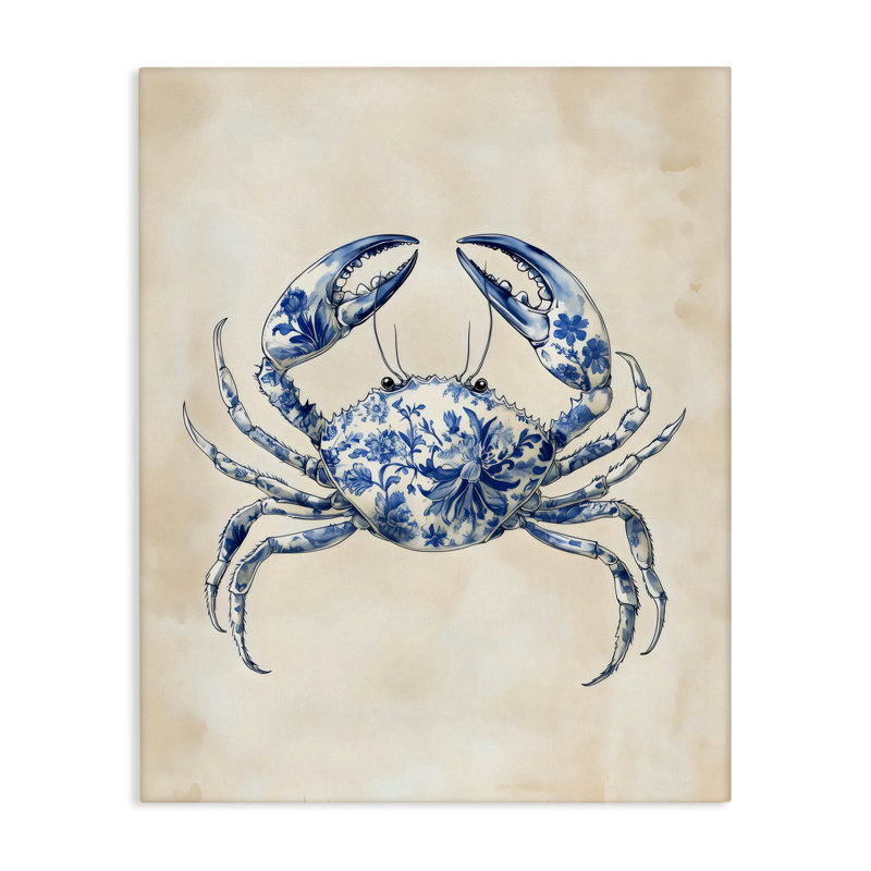Toile crabe à motif floral bleu, design par Arlington Prints, H 30 po x l 24 po