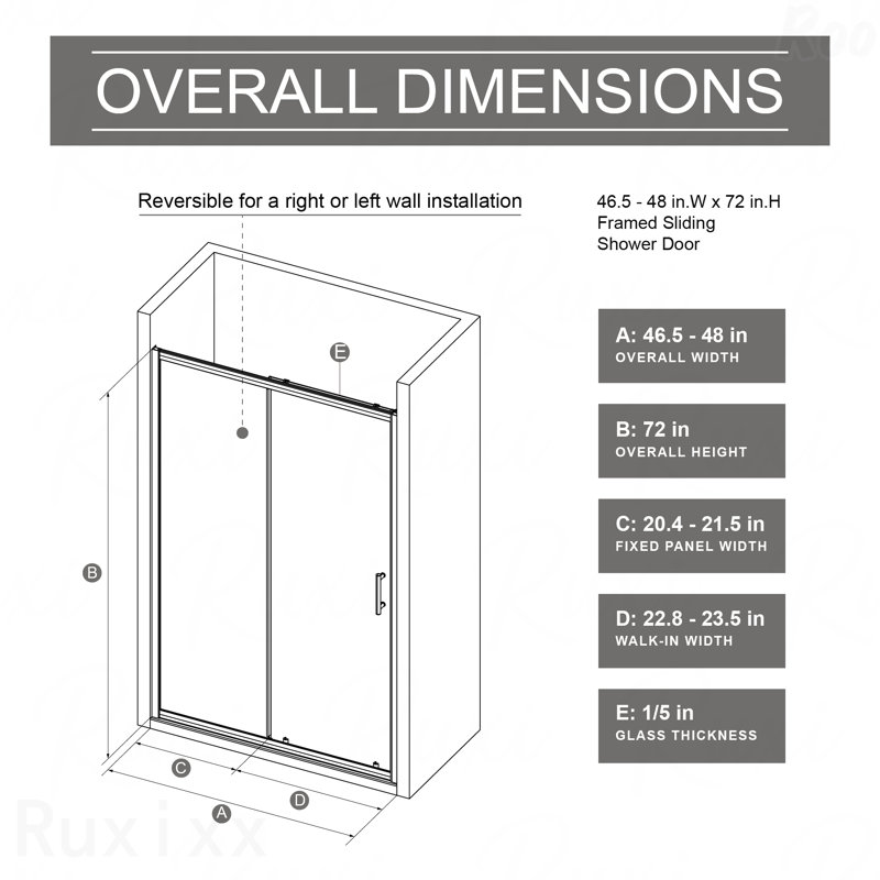Porte de douche coulissante simple - Porte de douche trempée transparente épaisse de 1/5 po avec poignée en acier inoxydable